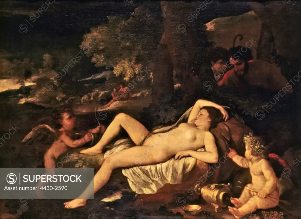 fine arts, Poussin, Nicolas (circa 1594 - 1665), painting, ""Venus and Amor"", 1630, Picture Gallery, Dresden, Frau,