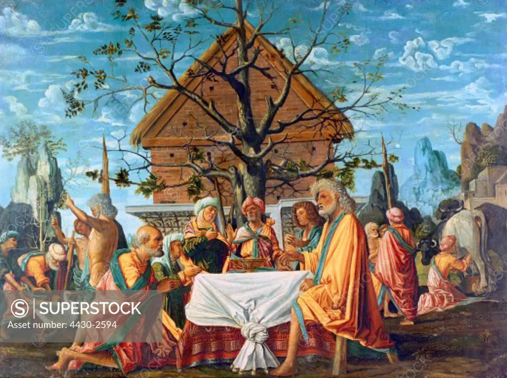 Fine Arts, Bramantino (um 1470 - um 1535) , (Bartolommeo Suardi), Italian artist and architect, painting "" Jupiter and Mercury at Philemon and Baucis"" circa 1500, Wallraf-Richartz-Museum, Cologne, Greek mythology, Wallraf Richartz Museum,