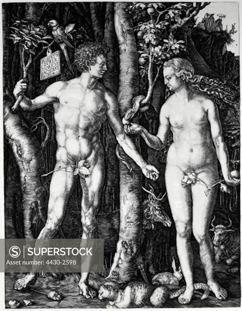 fine arts, D™rer, Albrecht, (1471 - 1528), graphics, ""Adam und Eva im Paradies"" (""Adam and Eve in paradise""), circa 1505, engraving, private collection, Europe, religious art, religion, christianity, biblical scene, renaissance, nude, naked, nakedness, Duerer, Durer,