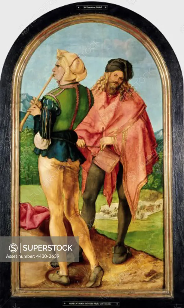 fine arts, D™rer, Albrecht (1471 - 1528), painting, ""Pfeifer und Trommler"", circa 1504, lime wood, 93 cm x 51 cm, Wallraf-Richartz Museum, Cologne, Europe, Germany, Wallraf Richartz, renaissance, Duerer, Durer, ""piper and drummer""