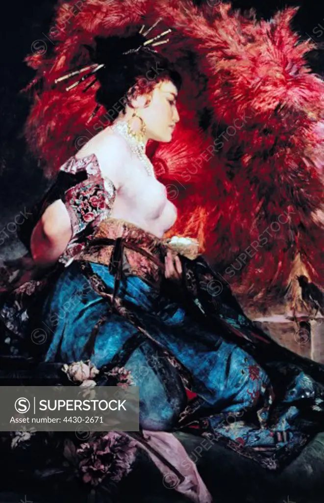 fine arts, Makart, Hans, (1840 - 1884), painting, ""Die Japanerin"", (""Japanese woman""), 1875, oil on panel, 142 cm x 92 cm, Ferdinand Pierer collection, Vienna,