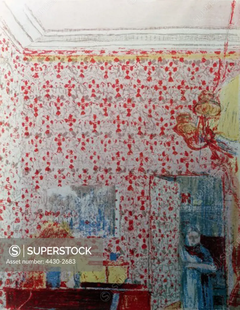 fine arts, Vuillard, Edouard, (1868 - 1910), graphics, ""interior with pink wallpapers I"", circa 1899, colour lithograph, 34 cm x 27 cm, state graphics collection, Munich,