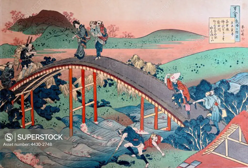 fine arts, Katsushika Hokusai (1760 - 1849), bridge, woodcut, series ""wnderful views of famous bridge in the provinces"", circa 1827/1830, Gutenbergmuseum, Mainz, ,