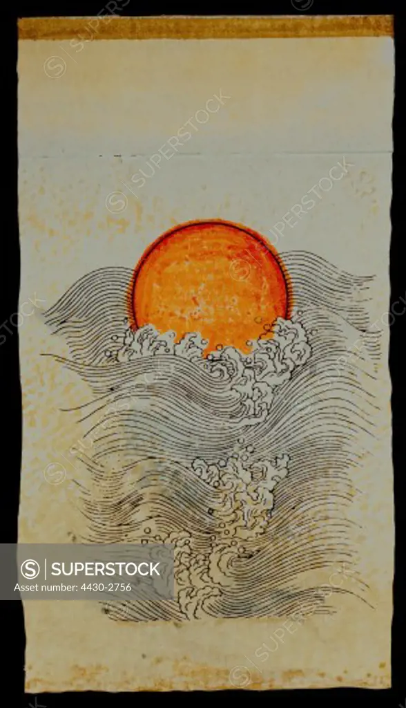 fine arts, China, graphics, ""The Sun is rising from the Sea"", colour woodcut, Qing Dynasty, 19th century, private collection,