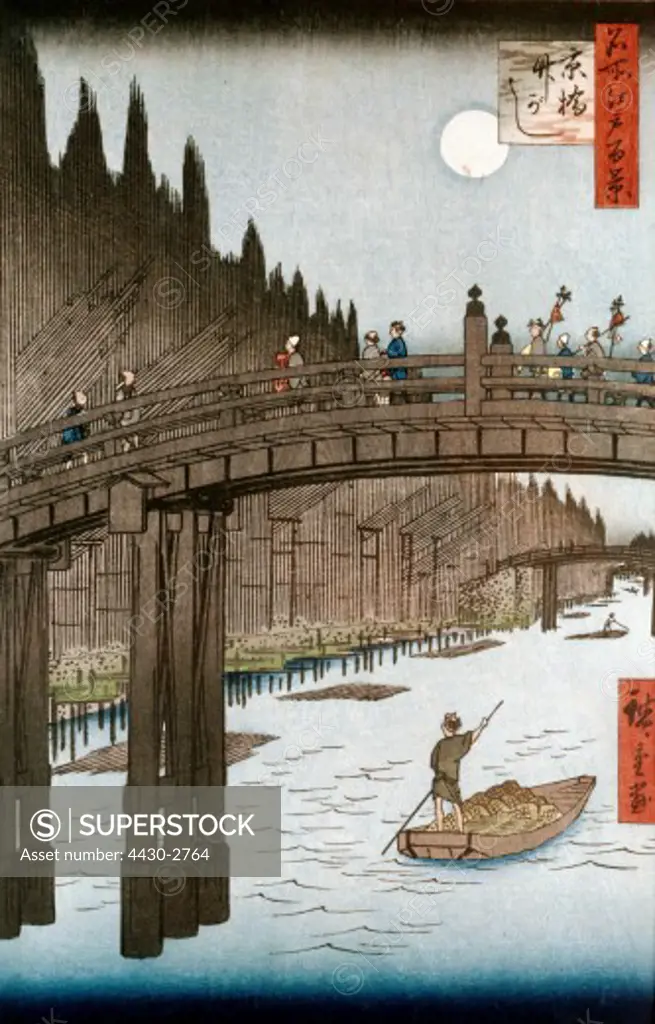 fine arts, Hiroshige Utagawa (1797 - 1858), the Kyo bridge, woodcut, circa 1857, 35,3x24 cm, Museum of East Asian Art, Cologne,