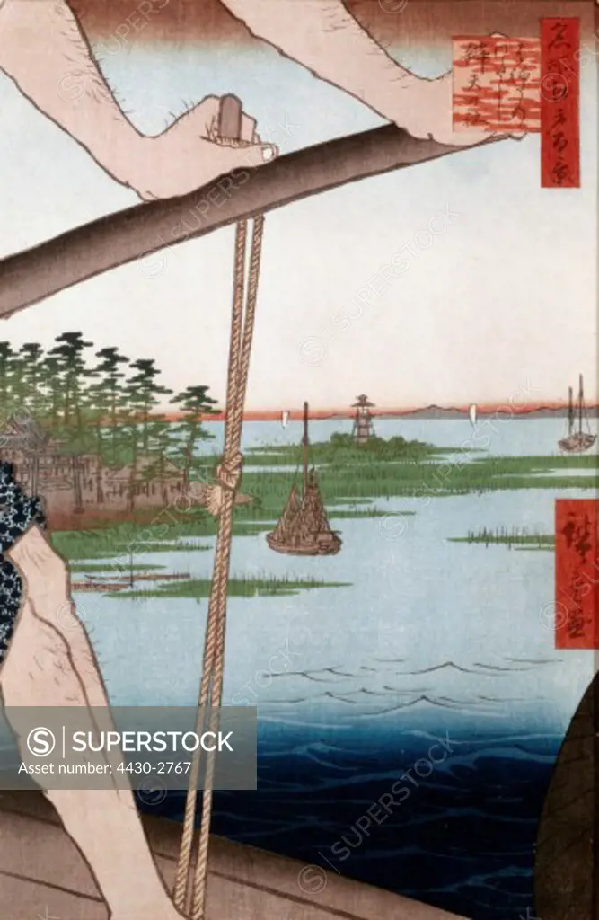 fine arts, Hiroshige Utagawa (1797 - 1858), The Benten shrine at Haneda ferry, woodcut, 35,3x24 cm, circa 1858, Museum of East Asian Art, Cologne,
