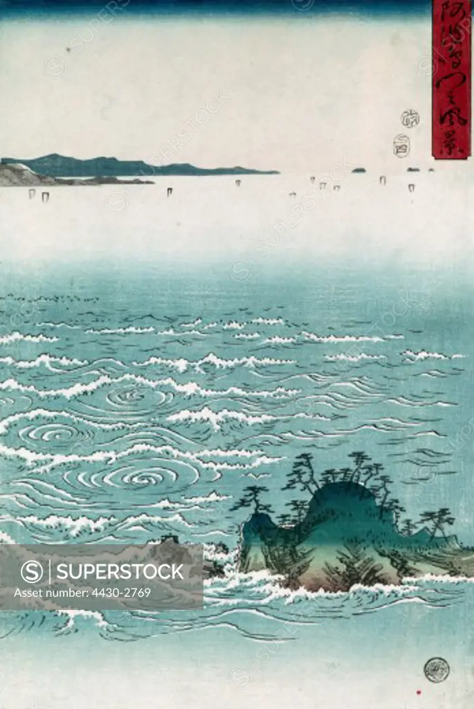 fine arts, Hiroshige Utagawa (1797 - 1858), view on the maelstrom of Naruto in the Awa province, woodcut, circa 1857, 34,3x71,1 cm, Victoria and Albert Museum, London,