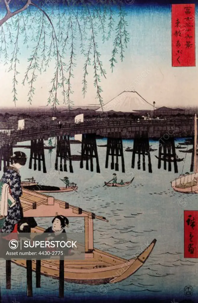 fine arts, Hiroshige Utagawa (1797 - 1858), the Fuji seen from Ryogoku Toto, woodcut, 1858, 34x22,2 cm, Austrian Museum for Applied Arts, Vienna,