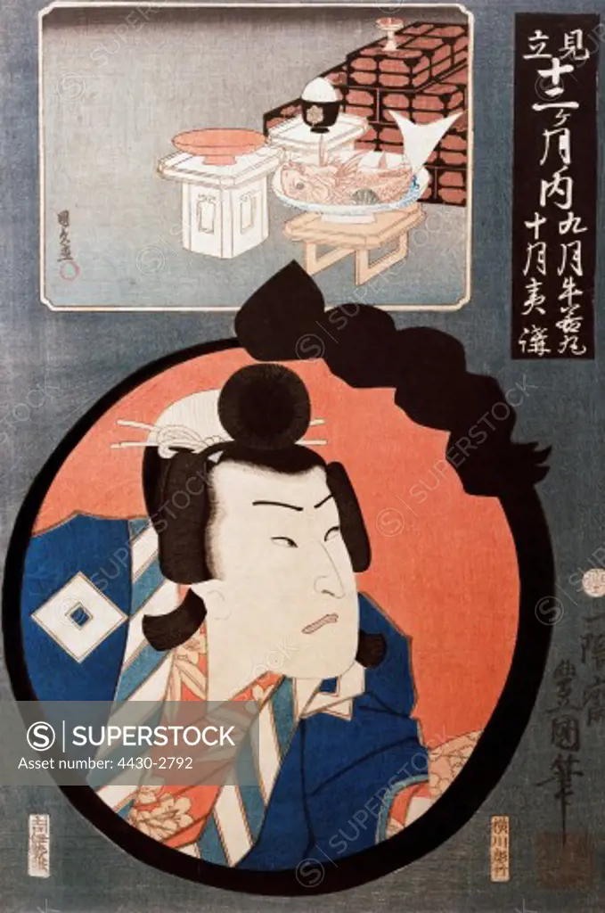 fine arts, Hiroshige Utagawa (1797 - 1858), Surimono (congratulation sheet), portrait of a actor, coloured woodcut, 19th century, private collection,