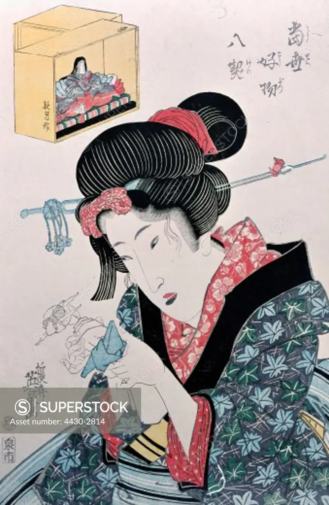 fine arts, Japan, woodcut, lady dressing a doll, coloured woodcut by Kesai Yeisan, 19th century, private collection,