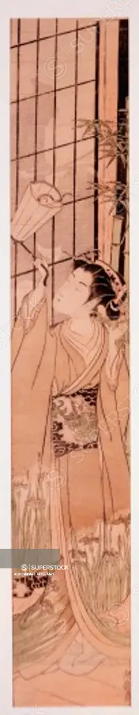 fine arts, Koryusai, Isoda (active circa 1765 - 1784), ""Girl with lantern"", woodcut, 68.5 x 12.4 cm, Tokyo, Japan, circa 1860 / 1870, Museum for Applied Arts, Vienna,