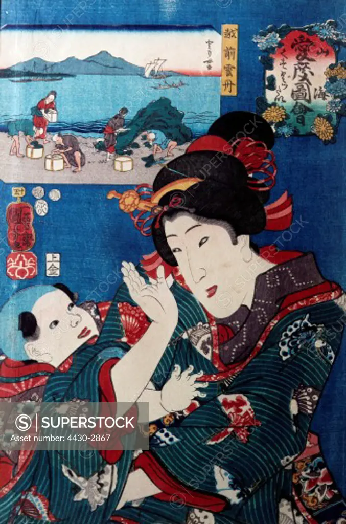 fine arts, Kuniyoshi, Utagawa, (1798 - 1861), graphics, ""mother and child"", 19th century, colour woodcut, 25 cm x 38 cm, from ""Sankai medetai zuye"" series, Museum of East Asian Arts, Cologne,