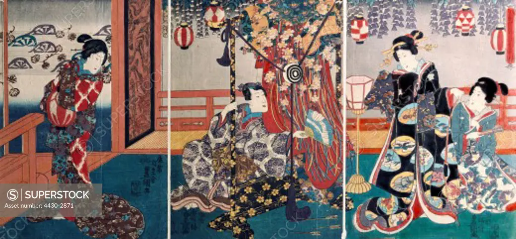 fine arts, Kunisada, Utagawa, (1786 - 1865), graphics, ""prince Genji vistiting a house of courtesans"", circa 1860, colour woodcut, 35,8 cm x 24,9 cm, Museum of East Asian Arts, Berlin,
