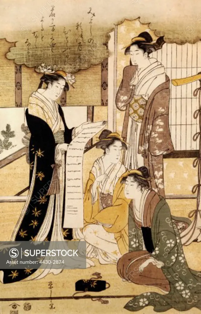 fine arts, Eishi, Hosoda, (1756 - 1829), graphics, ""four noble women"", Tokyo, circa 1792, colour woodcut, 36,7 cm x 24,7 cm, Professor Franz Winzinger Collection, Regensburg,