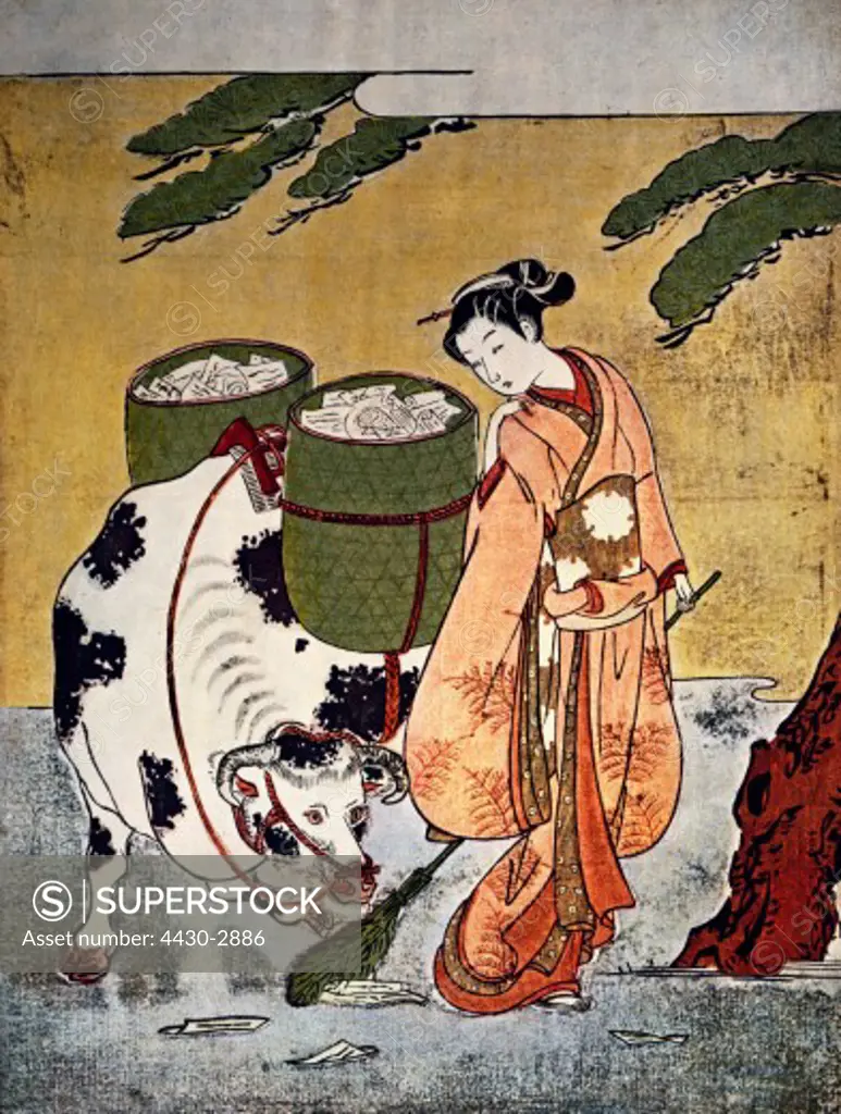 fine arts, Hanurobu, Suzuki, (circa 1724 - 1770), graphics, ""girl with ox carrying baskets with love letters"", Tokyo, 1765, colour woodcut, private collection, Washington,