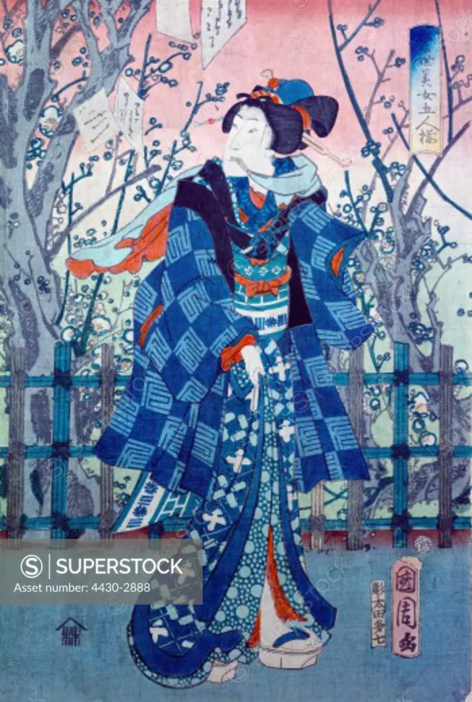 fine arts, Japan, graphics, ""lady in kimono"", early 19th century, colour woodcut, Gutenberg Museum, Mainz, historic, historical, Asia, woman, full length, clothing, fashion, shoes,