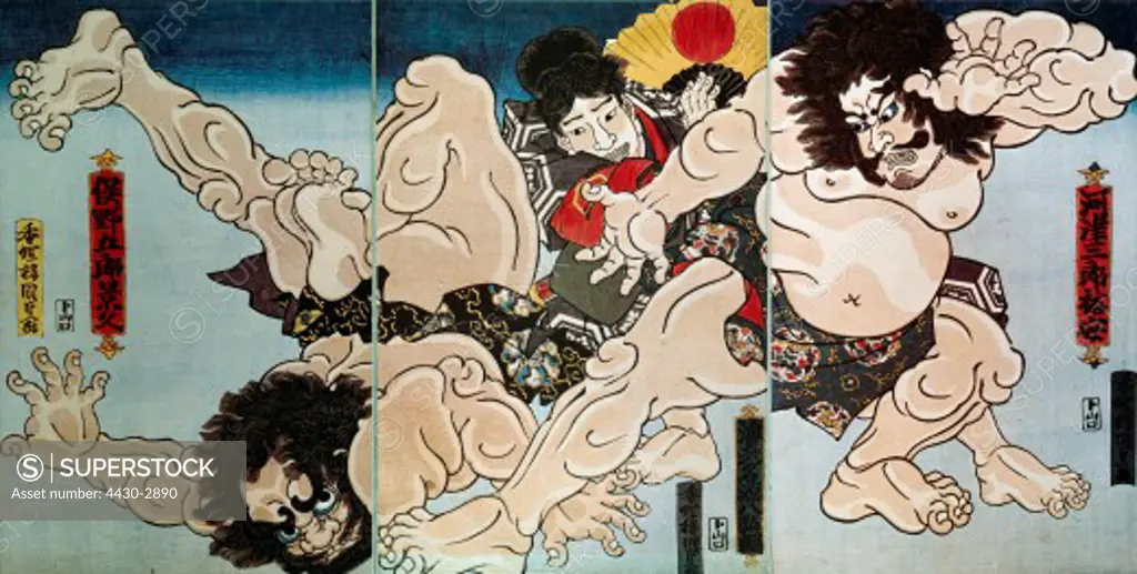 fine arts, Kunisada, Utagawa, (1786 - 1864), graphics, ""the legendary wrestling fight between Kawazu no Sahuro and Matano Goro Kagehisa"", circa 1840, colour woodcut, 38 cm x 76,5 cm, private collection,