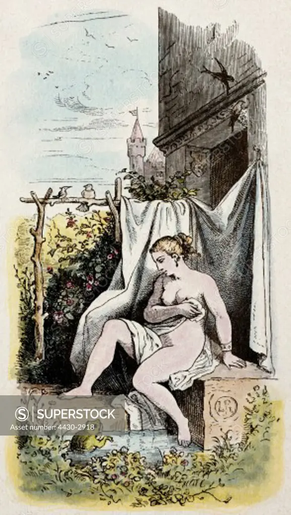 fine arts, Richter, Ludwig (1803 - 1884), illustration, ""Der Frosch mit der badenden Mutter Dornroeschens"" (The frog with Sleeping Beauty`s bathing mother), wood engraving, coloured, 12.1 cm x 6.3 cm, from ""Gesammelte Erzaehlungen"" (Collected stories), by W. O. Horn, volume 10, Frankfurt on the Main, Germany, 1853, private collection,