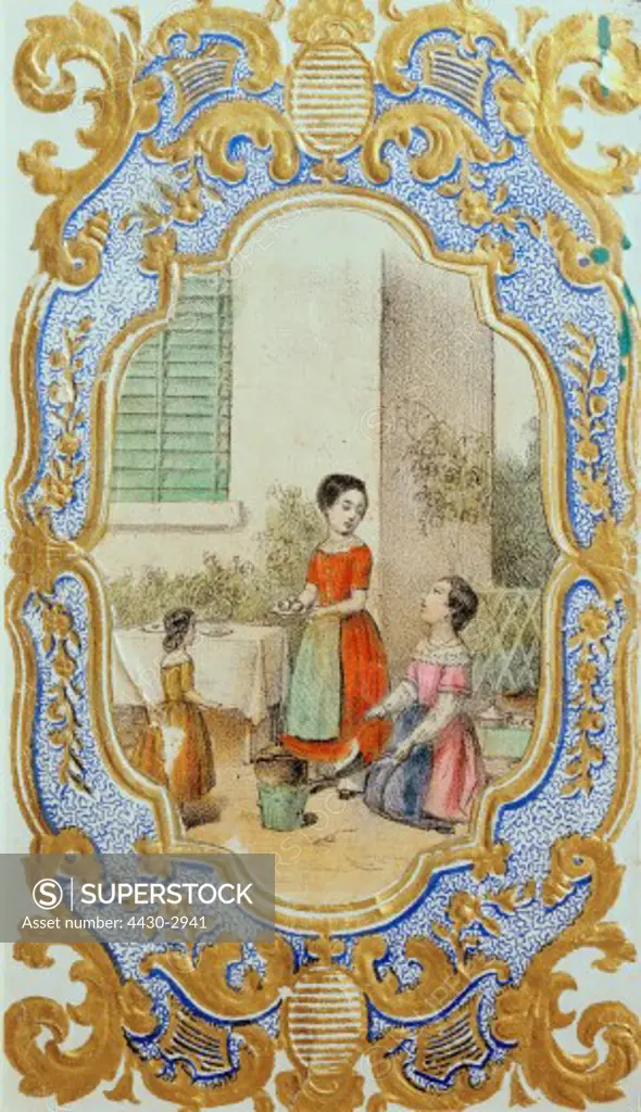 fine arts, graphic, sheets of friendship, three children outside of a house, coloured lithograph with blind embossing, Germany, circa 1860/1870, private collection,