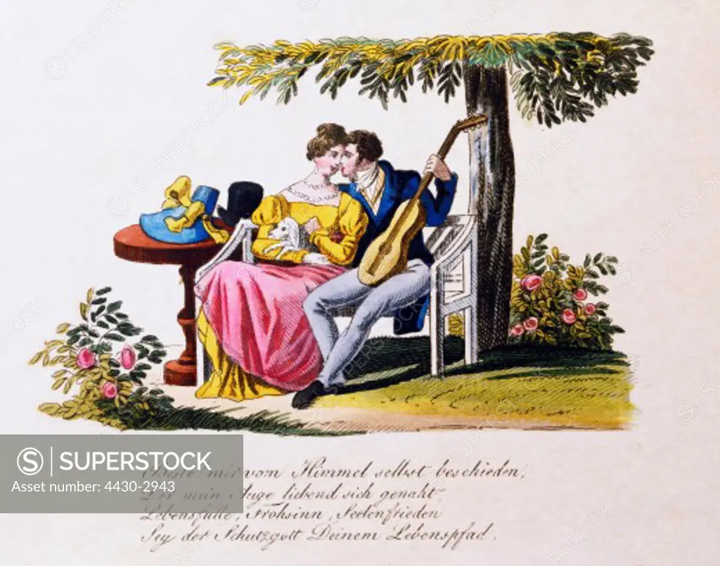 fine arts, register illustration, ""Lovers at the park"", insert, colour engraving, by A.P.Eisen, circa 1820, Nuremberg, 10 cm x 10 cm, private collection,