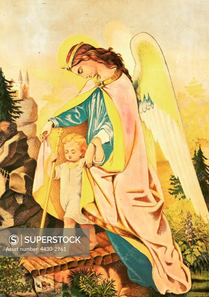fine arts, religious art, angels, ""the holy guardian angel"", graphics, Neurode, circa 1880, chromolithograph, 34,5 cm x 49 cm, Museum of German Folklore, Berlin,