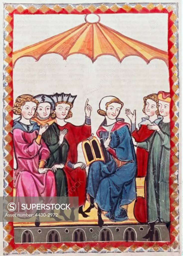 fine arts, middle ages, Gothic, illumination, Codex Manesse, Zurich, 1305 - 1340, Gottfried von Strassburg (+ circa 1215), covering colour on vellum, University of Heidelberg Library,
