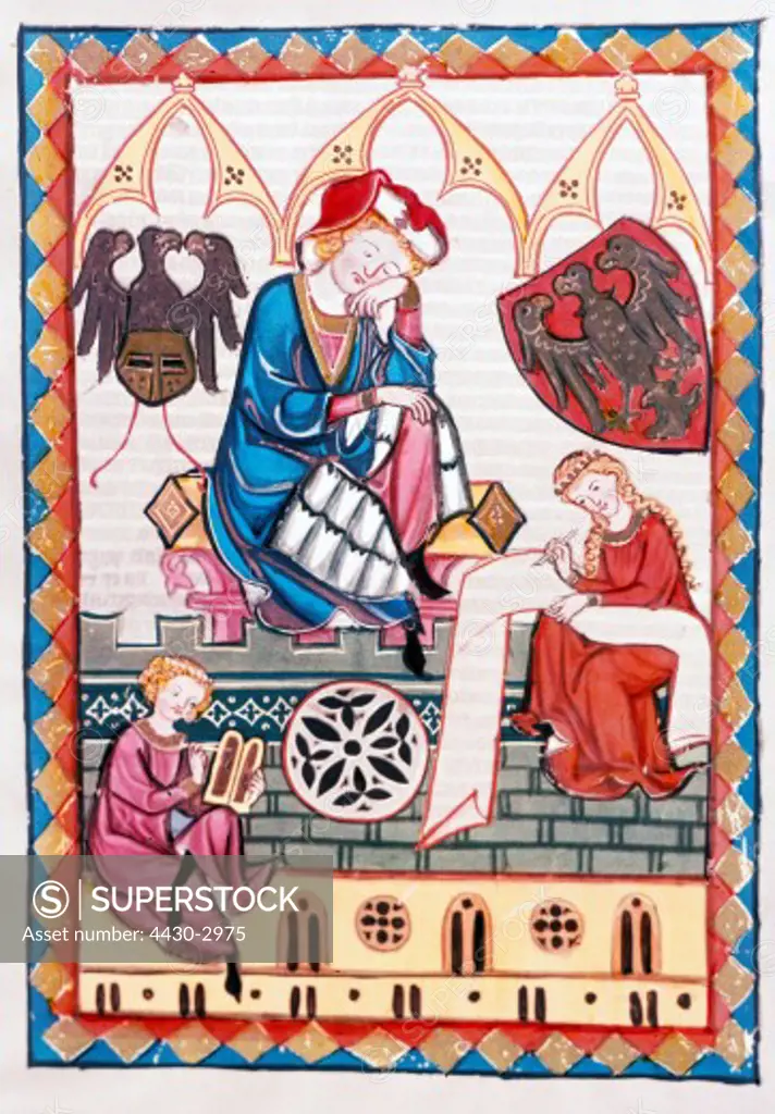 fine arts, middle ages, Gothic, illumination, Codex Manesse, Zurich, 1305 - 1340, Reinmar von Zweter (circa 1200 - past 1247), covering colour on vellum, University of Heidelberg Library,