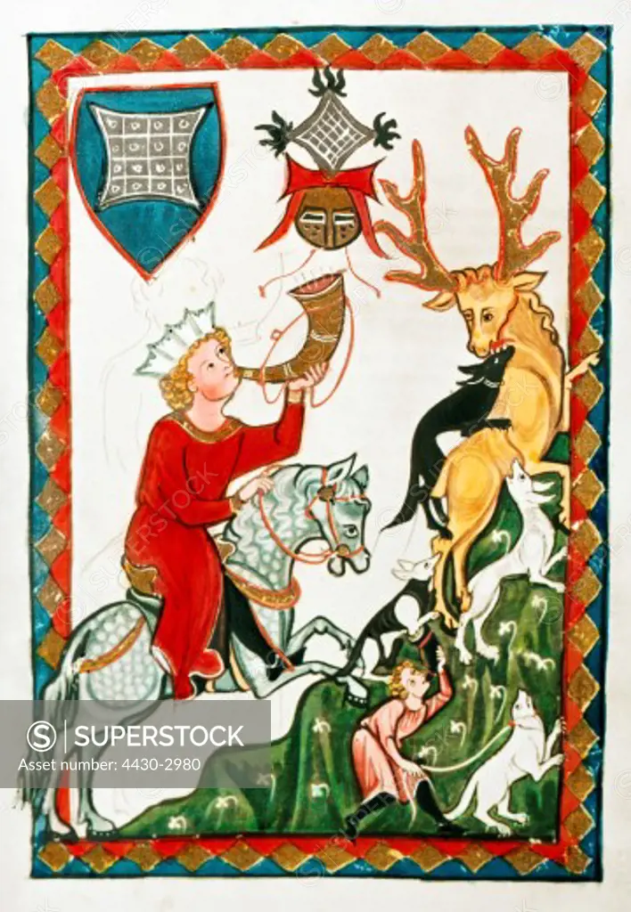 fine arts, middle ages, Gothic, illumination, Codex Manesse, Zurich, 1305 - 1340, Konrad von Suonegge (circa 1220/1240), covering colour on vellum, University of Heidelberg Library,
