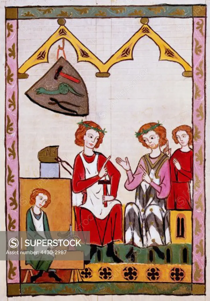 fine arts, middle ages, Gothic, illumination, Codex Manesse, Zurich, 1305 - 1340, Barthel Regenbogen (+ circa 1320), covering colour on vellum, University of Heidelberg Library,