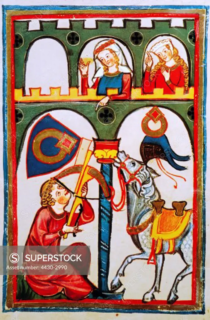 fine arts, middle ages, Gothic, illumination, Codex Manesse, Zurich, 1305 - 1340, Master Rubin, covering colour on vellum, University of Heidelberg Library,