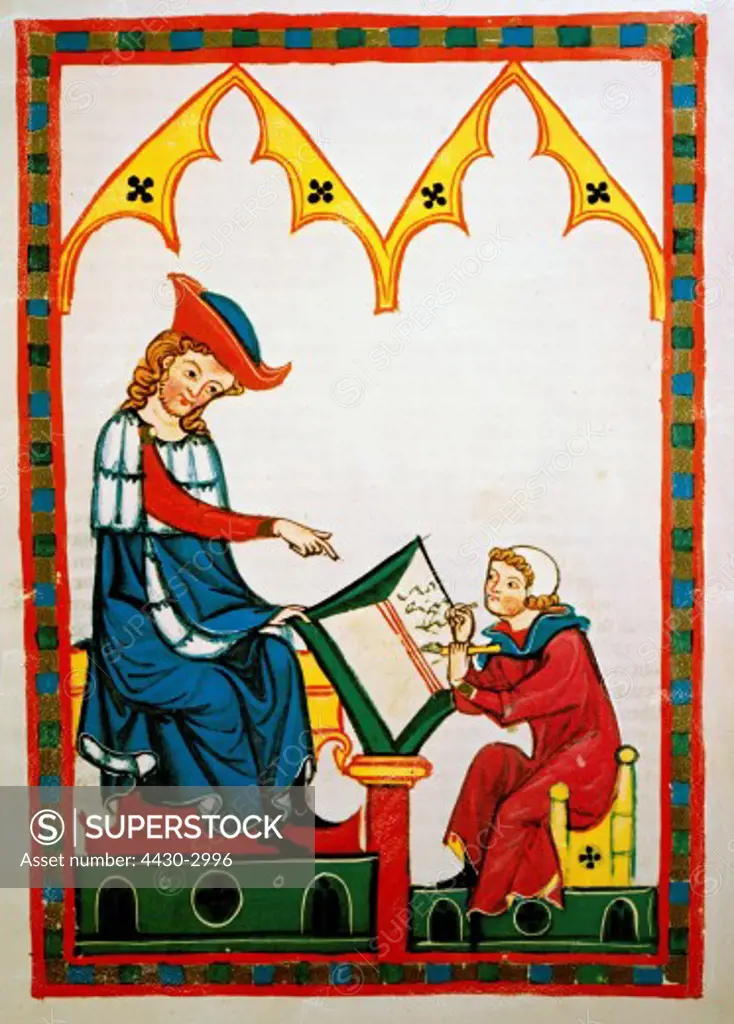 fine arts, middle ages, Gothic, illumination, Codex Manesse, Zurich, 1305 - 1340, Master Konrad von W™rzburg (circa 1220/1230 - 1287), covering colour on vellum, University of Heidelberg Library,