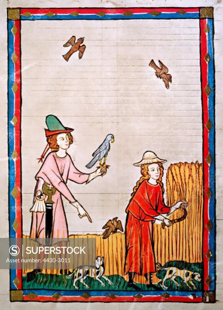 fine arts, middle ages, Gothic, illumination, Codex Manesse, Zurich, 1305 - 1340, Kunz von Rosenheim, covering colour on vellum, University of Heidelberg Library,