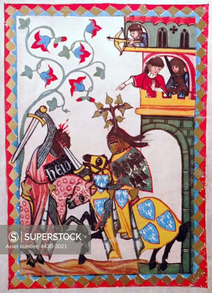 fine arts, middle ages, Gothic, illumination, Codex Manesse, Zurich, 1305 - 1340, Count Friedrich II von Leiningen (1201 - 1237), covering colour on vellum, University of Heidelberg Library,