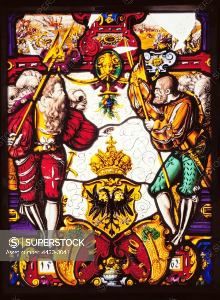 fine arts, glass painting, coat of arms of imperial town of Buchhorn, 1562, glass, municipal archives, Friedrichshafen,