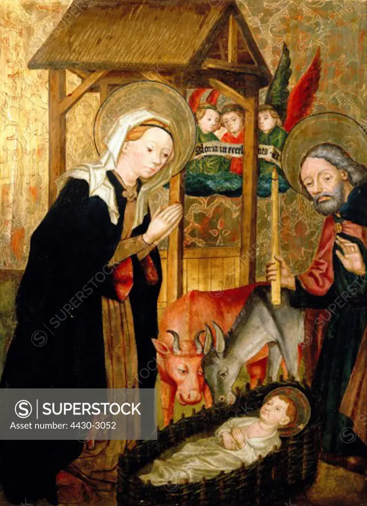 fine arts, Brixen, Lienhart von (15th century), painting, Mary and Joseph adoring the Christ Child, 50 x 68.5 cm, circa 1465, Diocesan Museum Freising,