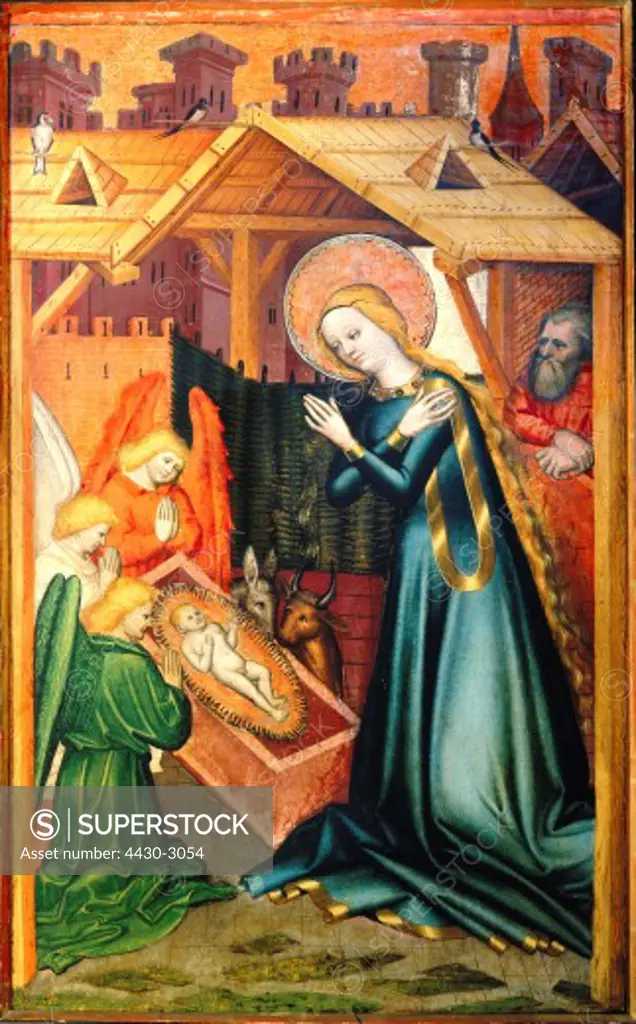 fine arts, Laib, Conrad (15th century), painting, Madonna in adoration of the Christ Child with three kneeling angels, Salzburg, circa 1440, 102 x 61 cm, Diocesan Museum Freising, Germany,