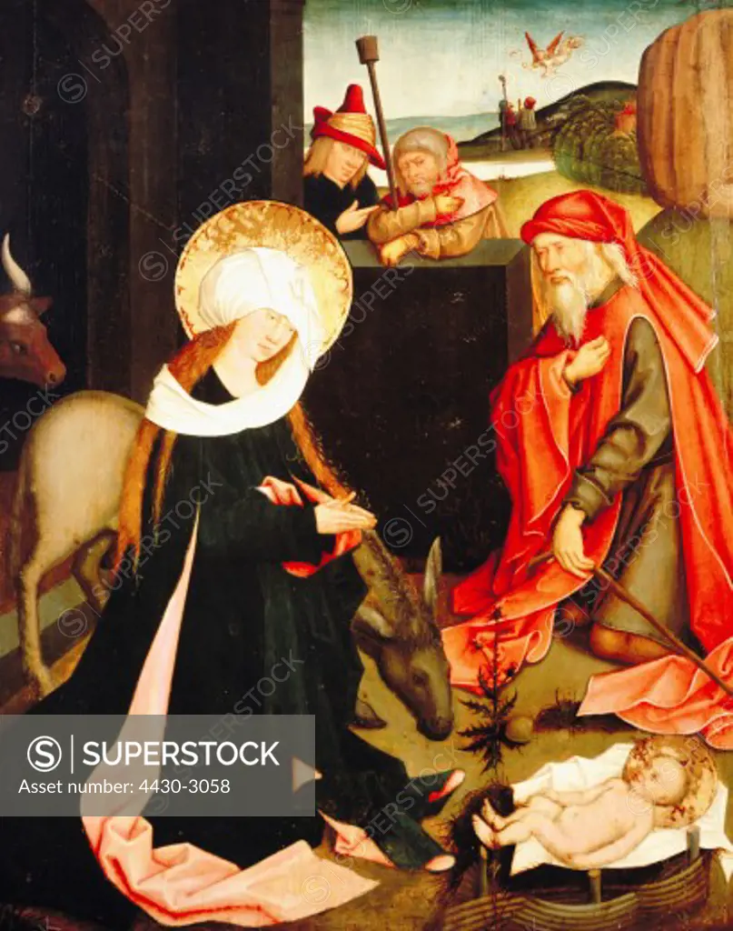 fine arts, Strigel, Bernhard (circa 1460 - 1528), painting, Adoration of the Shepherds, in the background Annunciation to the Shepherds, panel of an altar, oil on wood, 75 x 63 cm, circa 1500, Memmingen municipal museum,