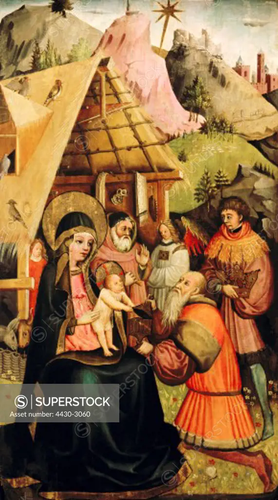 fine arts, Middle Ages, painting, Adoration of the Magi, Western Switzerland, circa 1440, Bavarian National Museum, Munich,
