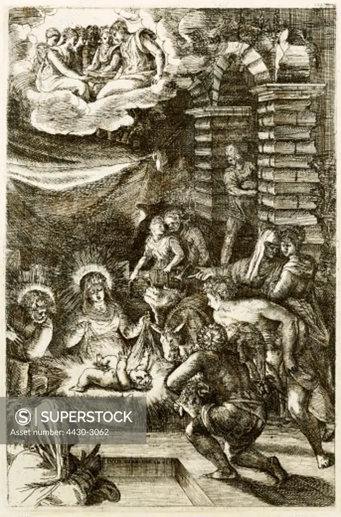 fine arts, Bonasone, Giulio (active 1531 - 1574), print, Adoration of the Shepherds, copper engraving with etching, 23.3 x 15.1 cm, circa 1550, private collection,