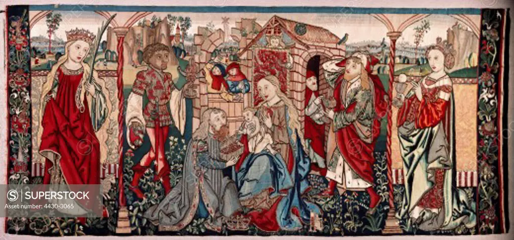 fine arts, Middle Ages, tapestry, Adoration of the Magi, tapestry from the Dominican convent of Bamberg, Germany, circa 1500, 201 x 89 cm, Bavarian National Museum, Munich,