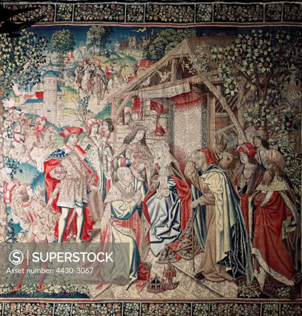 fine arts, Middle Ages, tapestry, Adoration of the Magi, Flemish tapestry from the Nassauer Haus in Nuremberg, Germany, made in Brussels, 1505, Bavarian National Museum, Munich,
