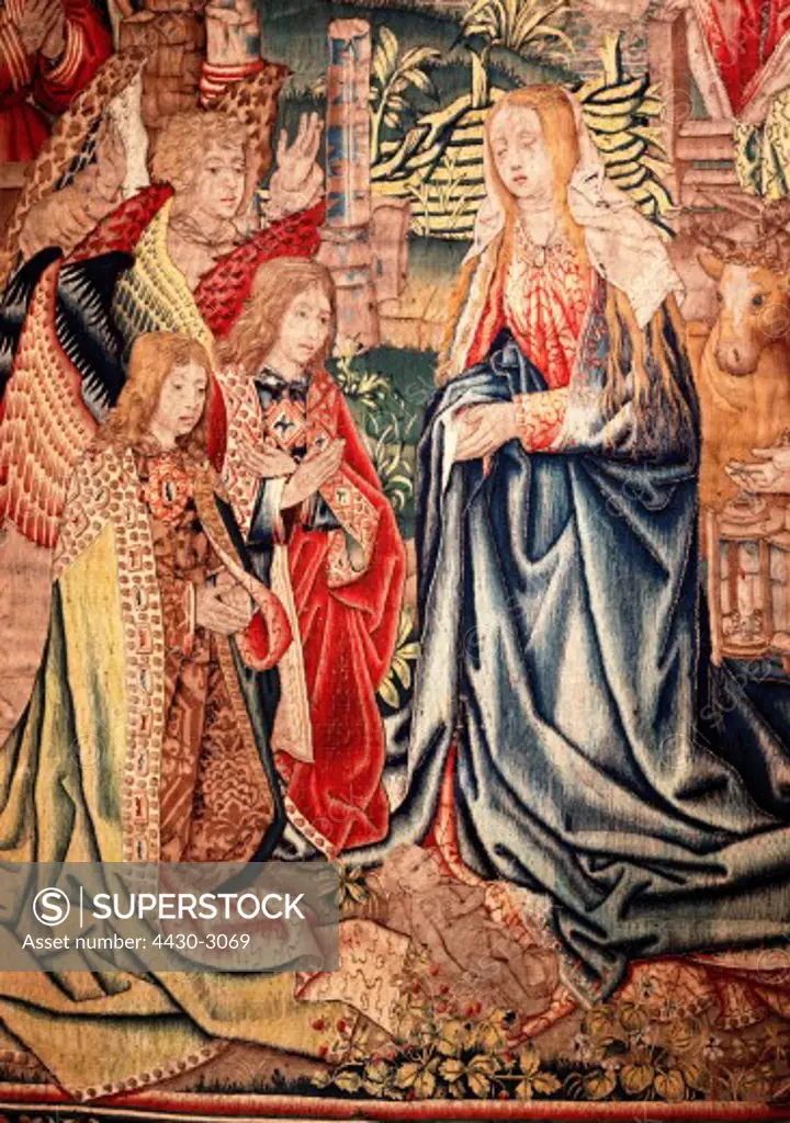 fine arts, religious art, Jesus Christ, adoration of the child, detail, tapestry, Brussels, circa 1505, Bavarian National Museum, Munich,