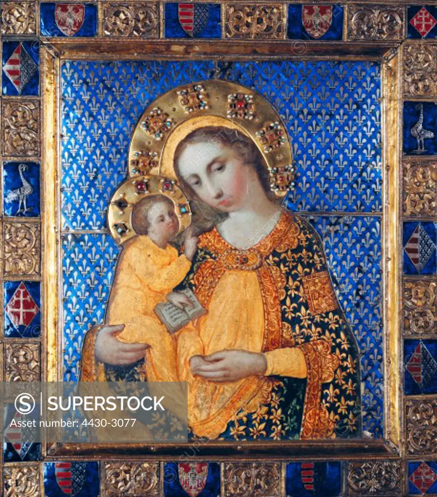 fine arts, religious art, Virgin Mary with child, painting, tempera on wood, gilted silver sheet with enamel and jewelry, Hungary, pre 1367, Aachen Minster Treasure,