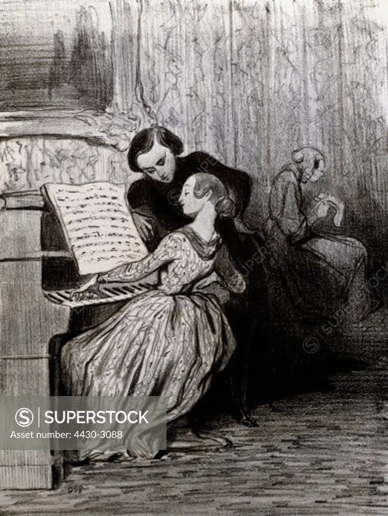 fine arts, Daumier, Honore (1808 - 1879), graphic, ""The Piano Lesson"", lithograph, 18.5 cm x 24.3 cm, from ""Charivari"", private collection,