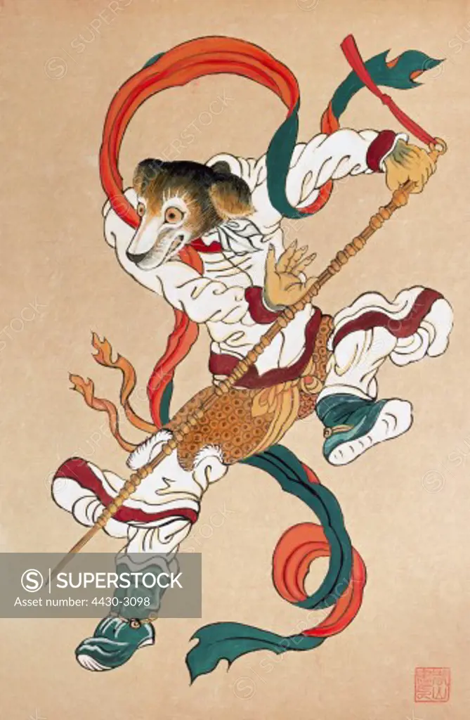 fine arts, Korea, graphic, month Sul (""dog""), coloured woodcut, circa 17th - 19th century, private collection,