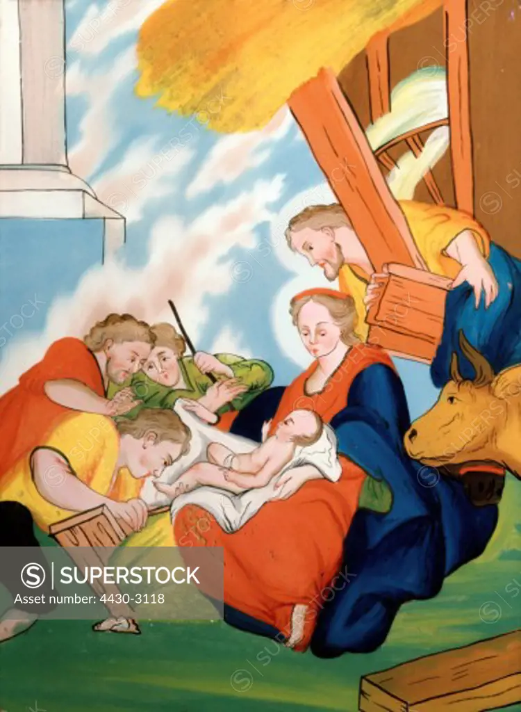 fine arts, religious art, Jesus Christ, adoration of the shepherds, glass painting, 1st half 19th century, Museum Oberammergau,