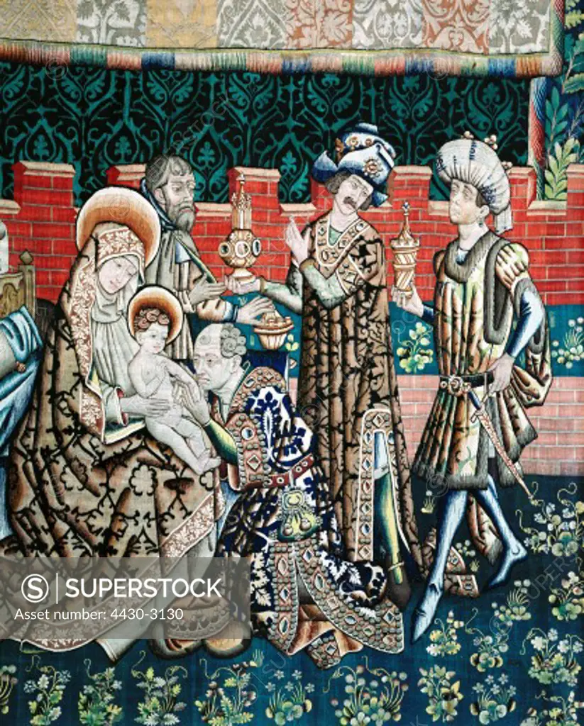 fine arts, religious art, Jesus Christ, adoration of the magi, tapestry, after Rogier van der Weyden, detail, wool, Tournai, circa 1450, Historical Museum, Bern,