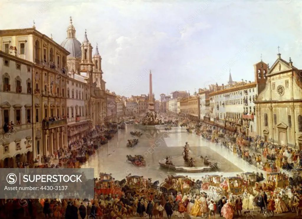 fine arts, Pannini, Giovanni Paolo, (17.6.1691 - 21.10.1765), painting, ""Piazza Navona in Rom unter Wasser gesetzt"" (Piazza Navona in Rome set under water), 1756, 95,5 cm x 136 cm, State Gallery, Hanover, Germany, Europe, fine arts, Baroque, 18th century, Italy, city view, views, cityscape, cityscapes,