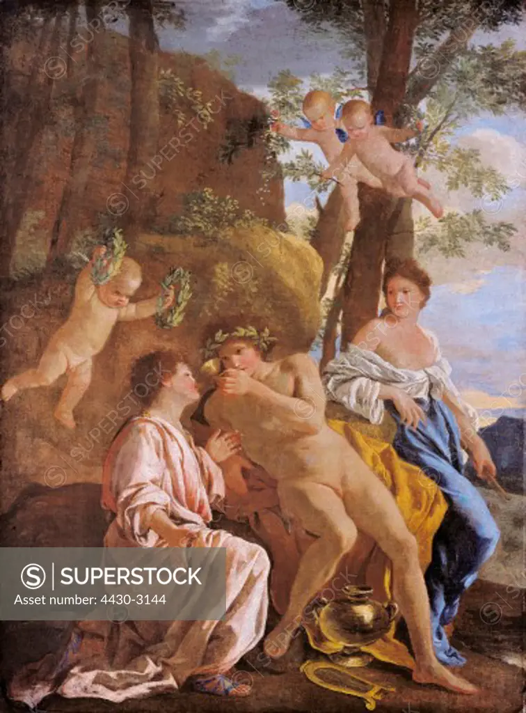 fine arts, Poussin, Nicolas (15.6.1593 - 19.11.1665), painting, ""The Inspiration of Anacreon"", 1635, oil on canvas, 94 cm x 69,5 cm, State Gallery, Hanover, Germany,
