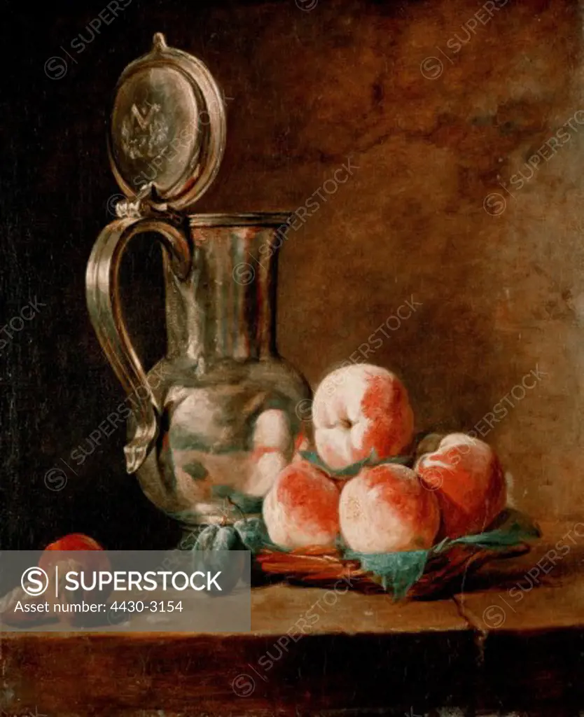 fine arts, Chardin, Jean Sim_on, (2.11.1699 - 6.12.1779), painting, ""tankard and peaches"", circa 1728, 54,9 cm x 44,8 cm, state gallery, Karlsruhe, Germany, Europe, fine arts, baroque, fruit, peach, tin, 18th century, Simeon,